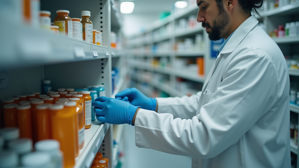 Close-up view of a pharmacist organizing medication bottles on shelves