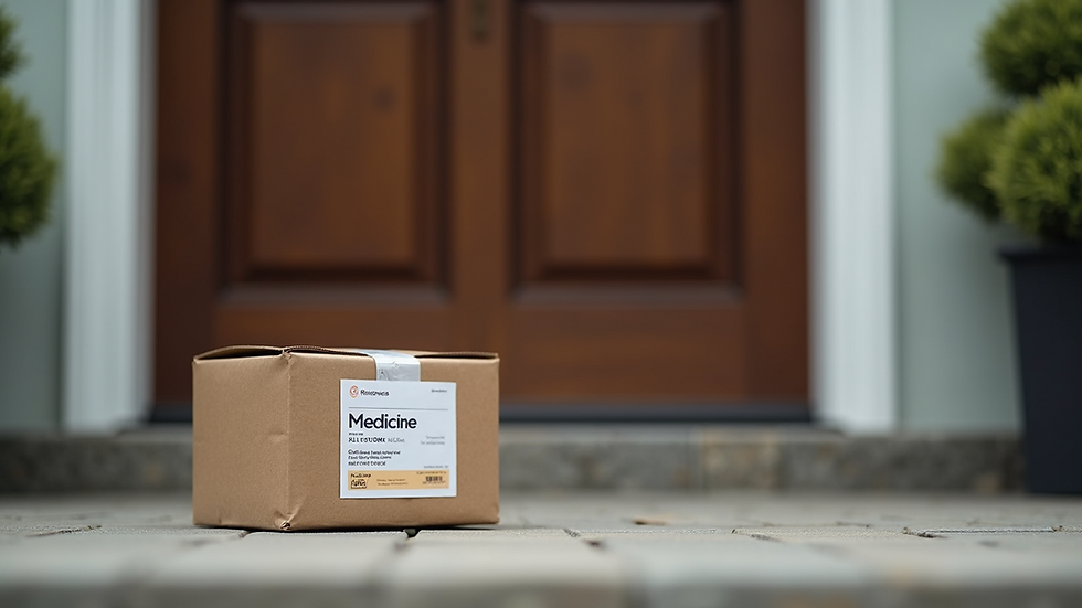Eye-level view of a doorstep with a delivered medicine package