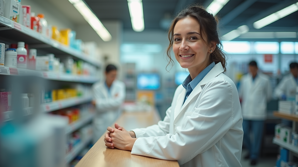 Eye-level view of a pharmacy counter with a friendly pharmacist ready to assist