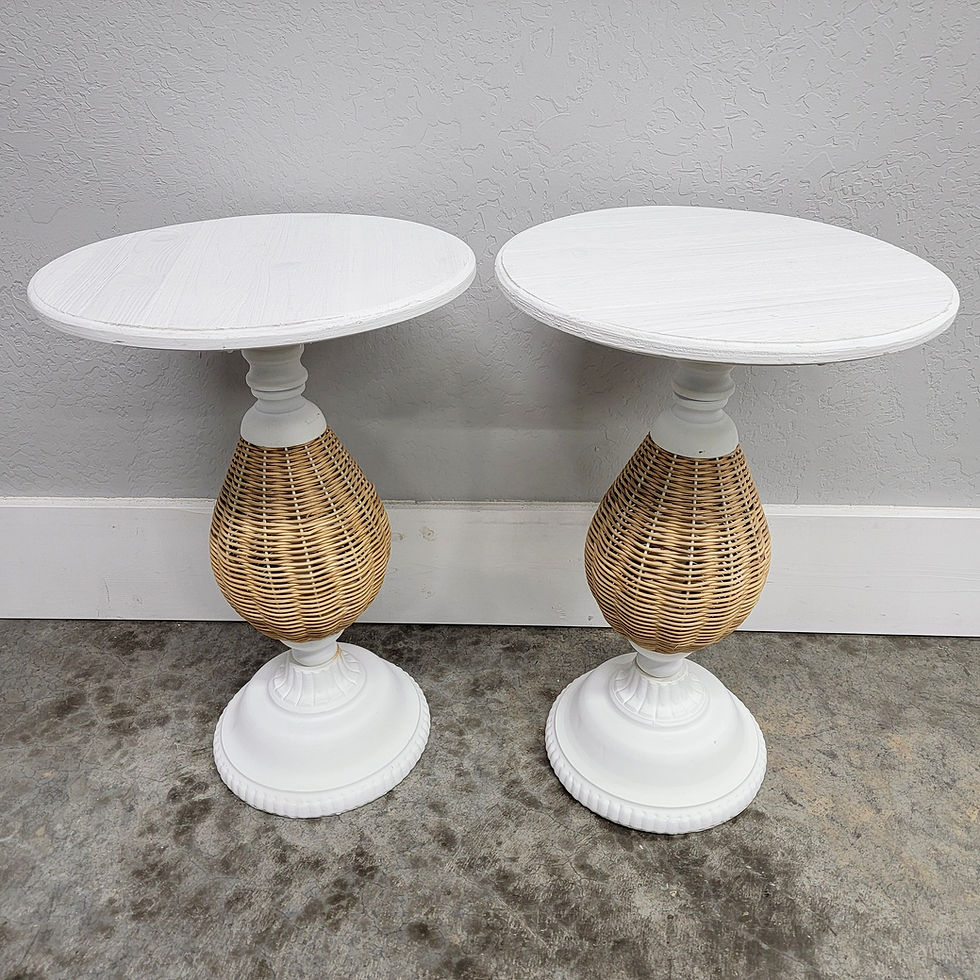 WHITE WOOD & WICKER SIDE TABLES $135 each