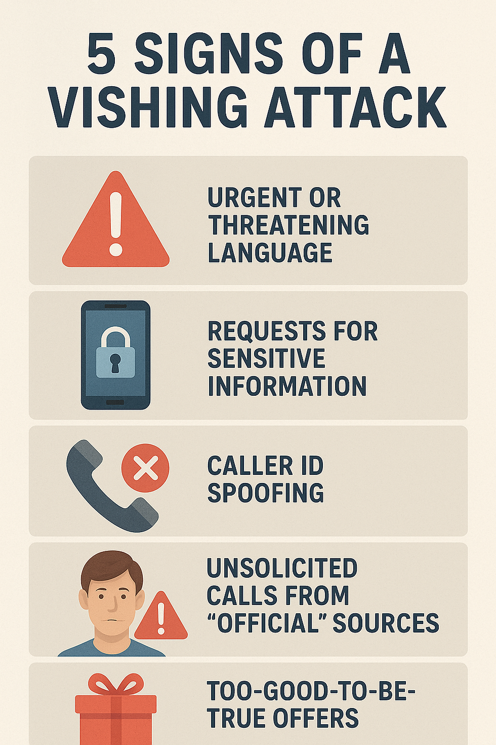 Infographic titled "5 Signs of a Vishing Attack" with icons describing urgent language, data requests, caller ID spoofing, unsolicited calls, and offers.
