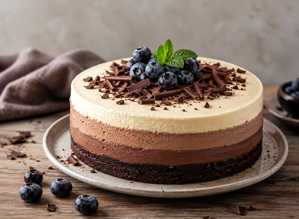 Imagine a cake that’s pure chocolate heaven. A rich, fudgy chocolate base, topped with a smooth and airy chocolate mousse, and finished with a creamy white chocolate mousse.