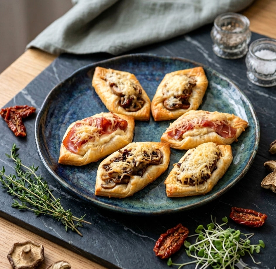 Pateuri crocante din foietaj, umplute cu ciuperci sotate, sos bechamel cremos și prosciutto fin. Un aperitiv elegant, rapid și perfect pentru mese festive, brunch-uri sau petreceri.