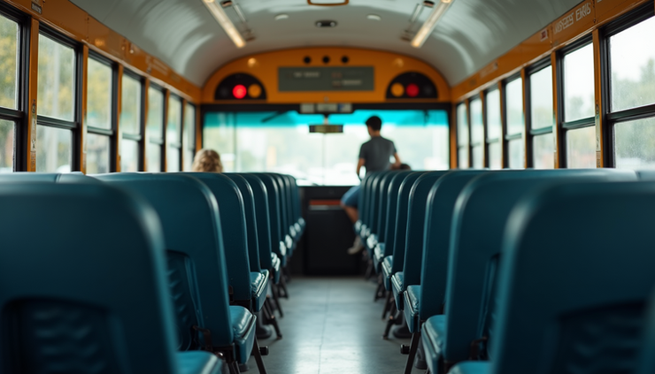 Eye-level view of a school bus interior showing empty seats and safety signs
