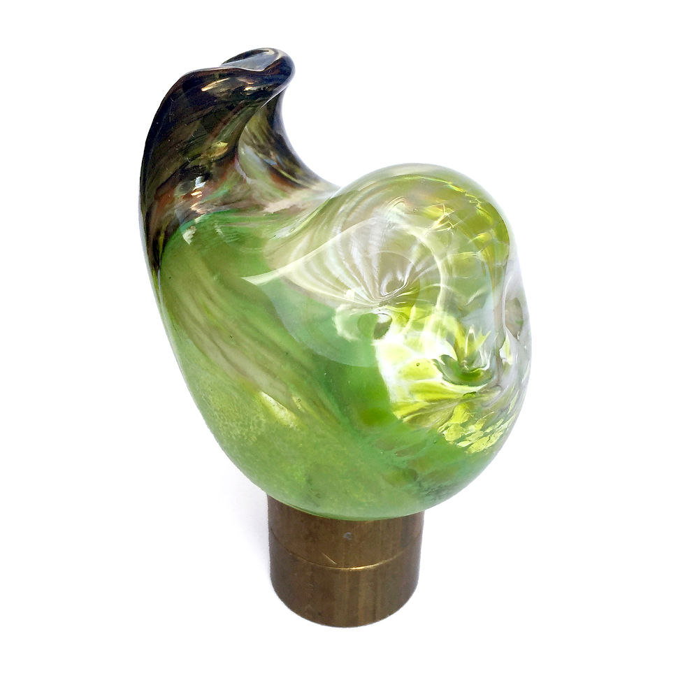 Thumbnail: Ben5 small bird hook in lime green and ivory, handmade by sculpting hot glass, with brass fitting, front side view