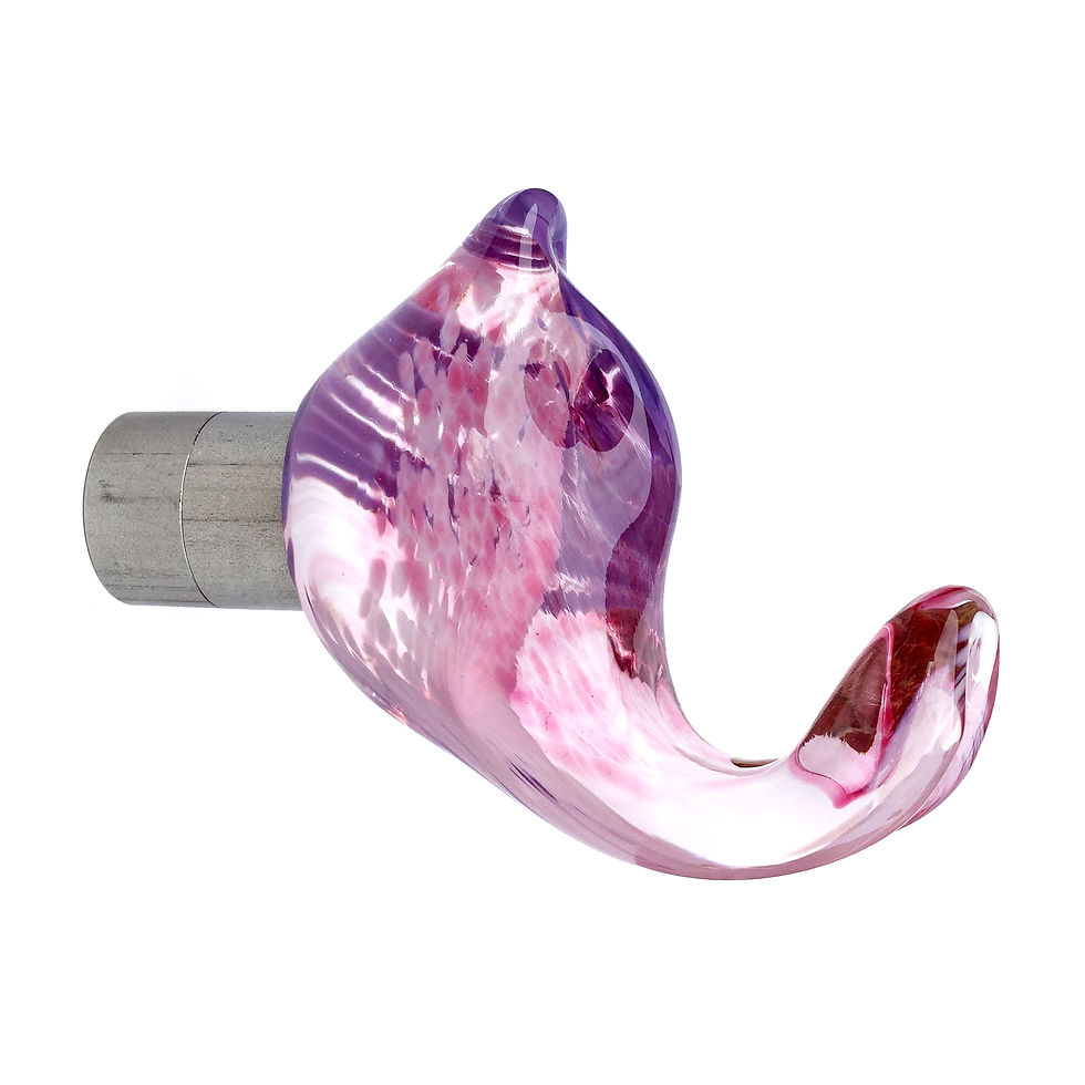 Thumbnail: Cleo3 bird hook in shades of soft pinks and purple, free hand sculpted hot glass with stainless steel fitting, left view