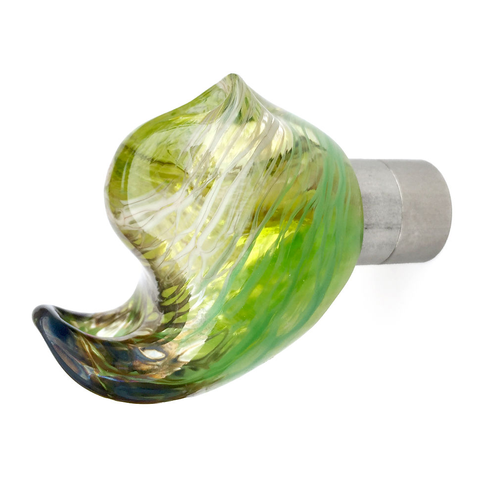 Thumbnail: Ben6 mini bird hook in lime green and ivory, individually hand sculpted hot glass, with stainless steel fitting, right side v