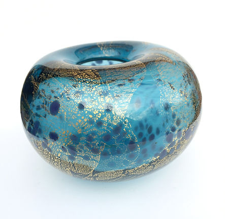 Blue transparent glass short doughnut vessel with pure gold leaf and dark blue dots
