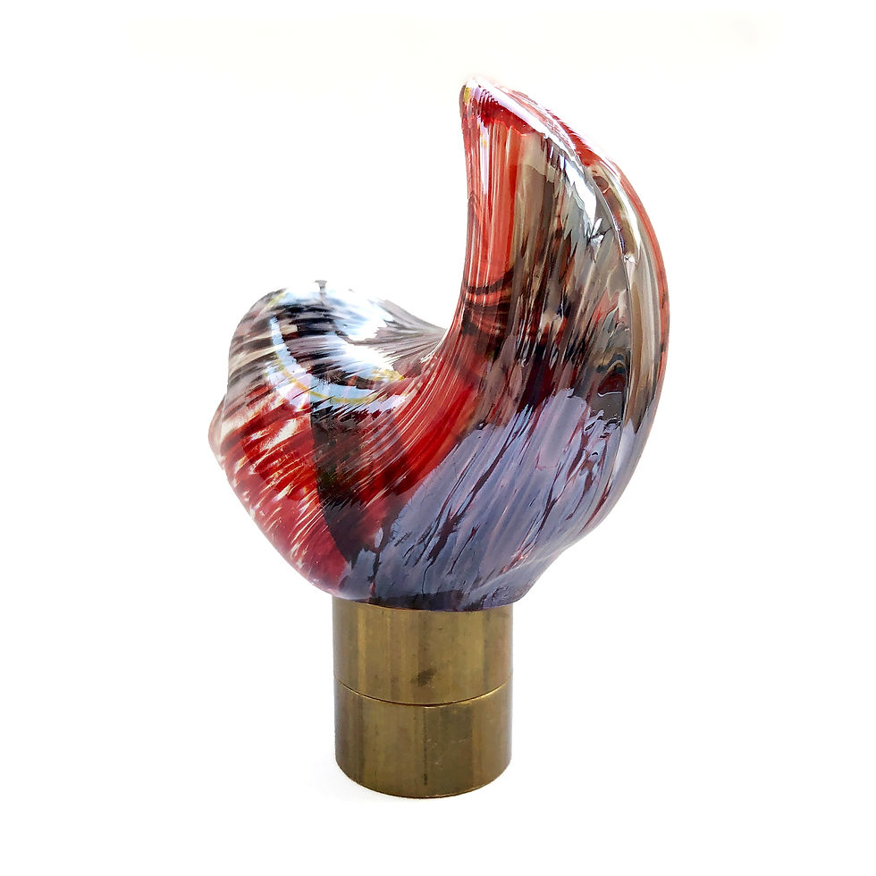 Thumbnail: Ruby3 unique bird hook in red, pink and metallic purple, sculpted in hot glass with stainless steel fitting, tail view