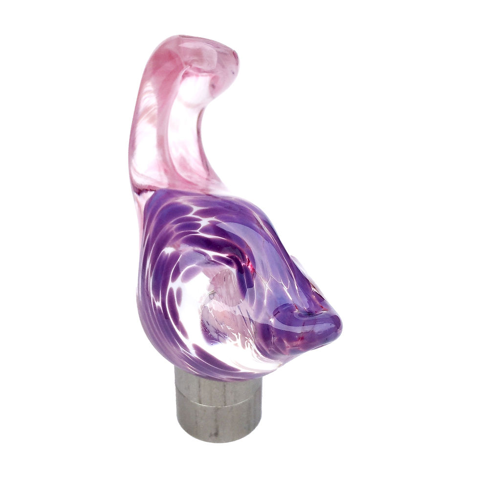 Thumbnail: Cleo3 bird hook in shades of soft pinks and purple, free hand sculpted hot glass on stainless steel fitting, front side view