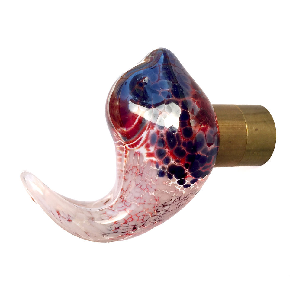 Ruby1 bird hook in red, pink and purple, freehand sculpted in hot glass with brass fitting, right view