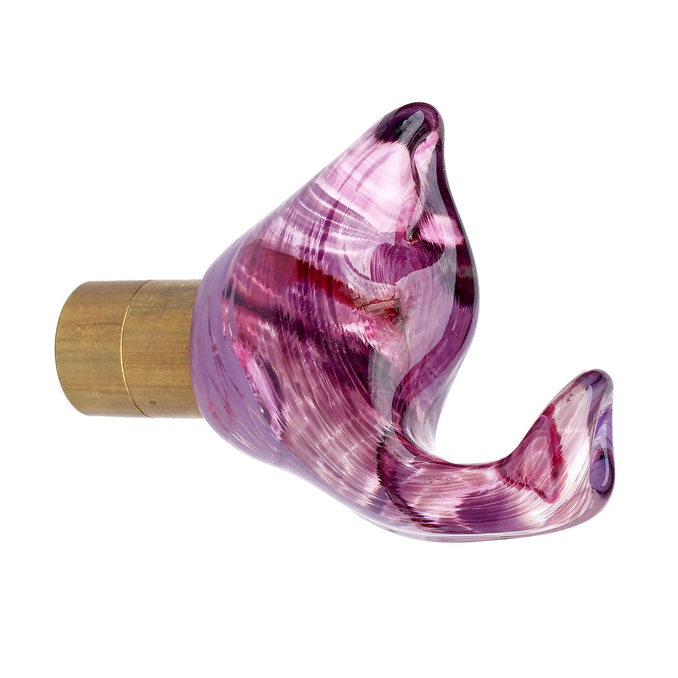Cleo1 bird hook in transparent and opal purple, and soft pink handmade sculpted hot glass with brass fitting, left view
