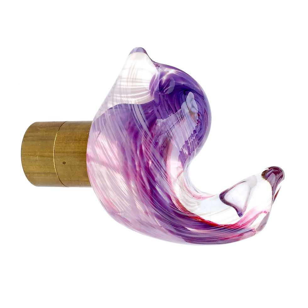 Cleo2 bird hook in shades of purple and pink, lovingly sculpted hot glass with brass fitting, left view
