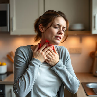 A woman holding her throat with acid reflux pain.