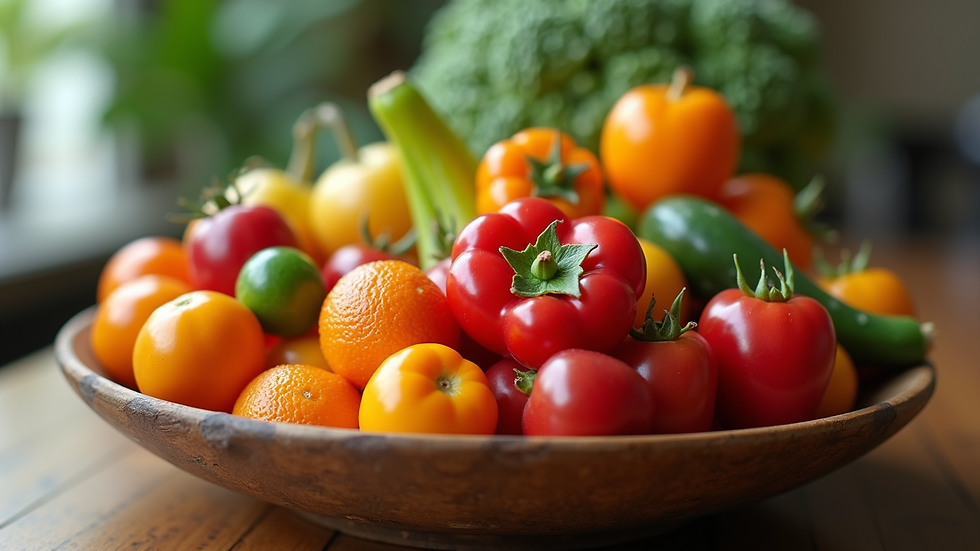Eye-level view of a bowl of colorful fruits and vegetables