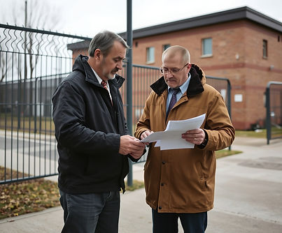 a plain clothes man helping another man with paperwork outside of a prison.jpg