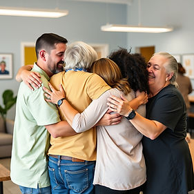 four men and women non profit workers at a community center hugging one another.jpg
