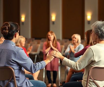 a Christian woman leading other people in prayer holding hands in a circle while sitting i
