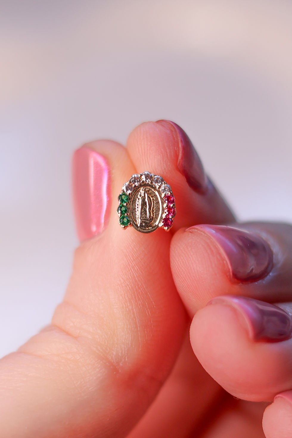 Thumbnail: 14K Gold Virgen de Guadalupe tricolor earrings
