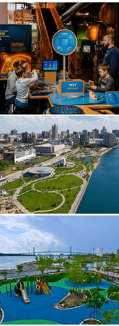 One of Detroit's newest waterfront parks, Ralph C. Wilson, Jr. Centennial Park offers playgrounds, sports courts, walking paths, gardens, and scenic Detroit River views.