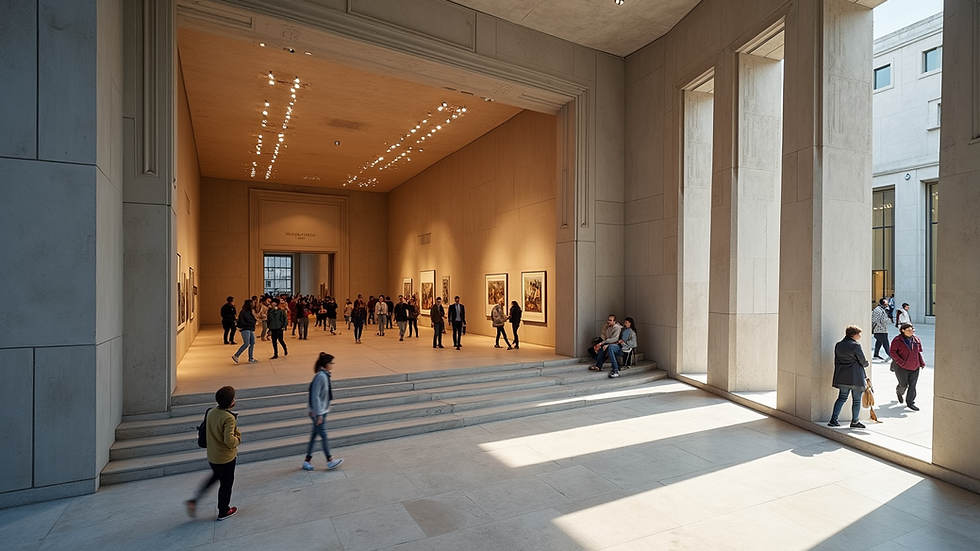 High angle view of Detroit Institute of Arts exterior with visitors entering