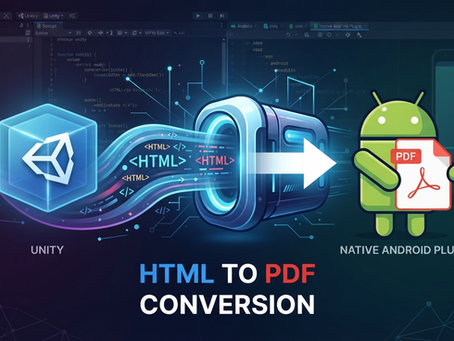 A conceptual graphic for a Unity developer tutorial showing HTML code transforming into a PDF document via a native Android plugin, set against a dark mode IDE background.