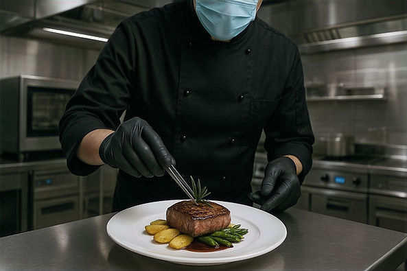 Gourmet Steak Plating done by a professional chef in a high grade commercial kitchen, illustrating what we do.