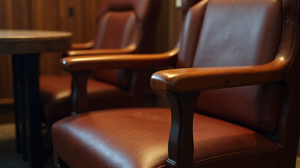 Close-up view of a leather game room chair with wooden armrests