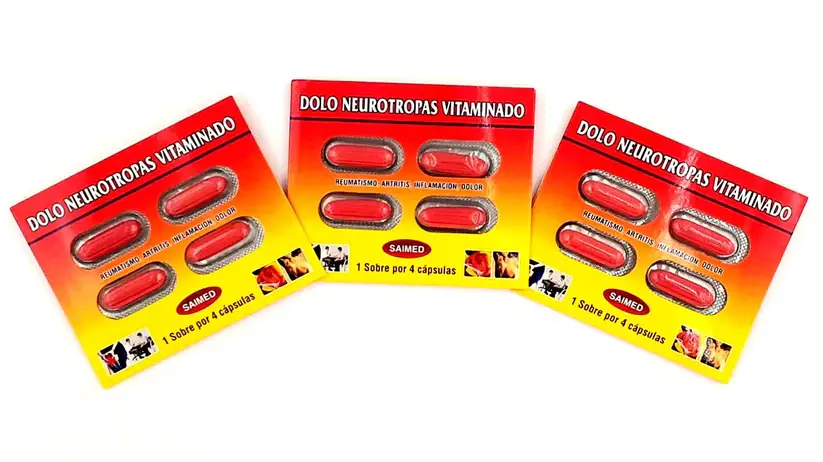 three blister packs of dolo neurotropas with 4 red capsules each