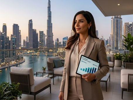 Bej takım elbiseli profesyonel bir kadın, alacakaranlıkta Dubai Hills ve Burj Khalifa manzaralı lüks bir çatı terasında elinde "Yatırım Analizi" grafikleri olan bir tablet tutuyor.