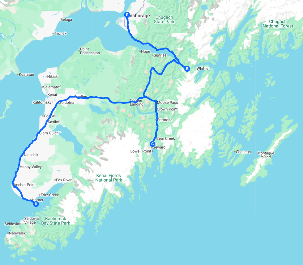 July 25-30, 2025: Anchorage to Kenai Peninsula and back. Total miles driven from Bellingham, Washington, on May 30, 2025, through Anchorage, Alaska, on August 3, 2025: 3,969 miles.