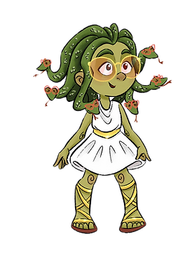 Mimi Medusa, ein Mädchen mit grüner Haut, Brille, weißer Toga und Schlangenhaaren, lächelt verlegen. Ihre Schlangen haben rot-orange Brillen auf.