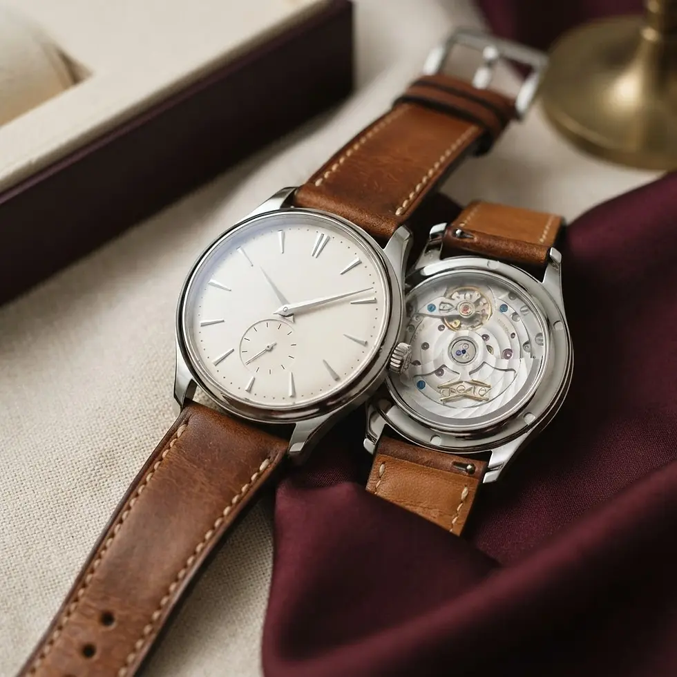 Studio photography of two luxury wristwatches, one displaying the face and the other the complex mechanical movement. The scene is set on elegant fabric, evoking a sophisticated and timeless mood.