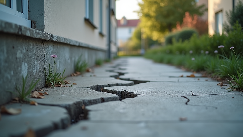 Close-up view of cracked concrete foundation in a residential building