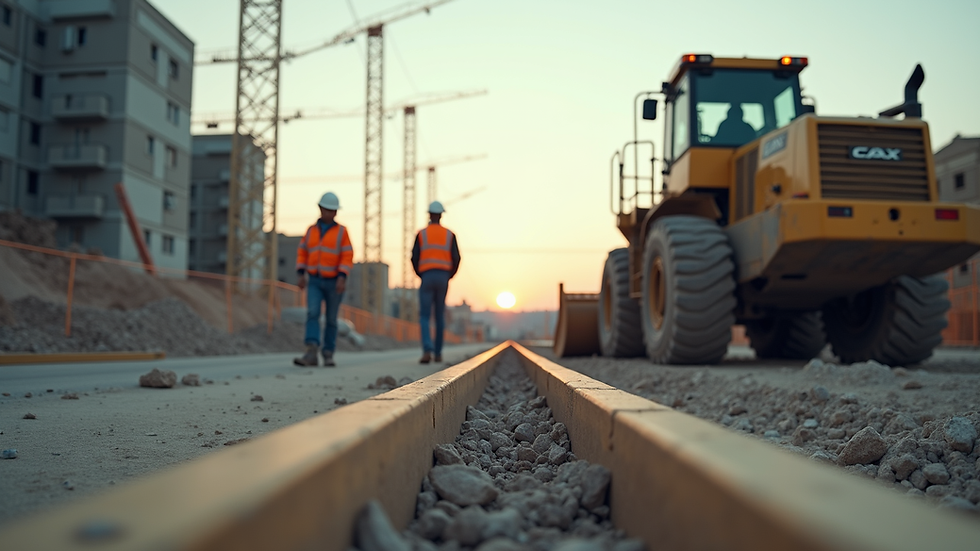 Eye-level view of a construction site with workers and machinery