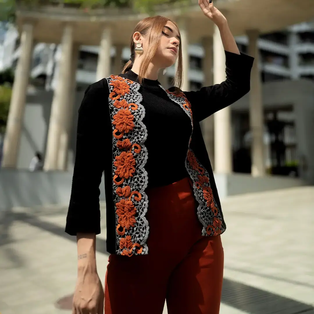 Brown/Blue Printed and Embroidered Viscose-Cotton Taaga Jacket