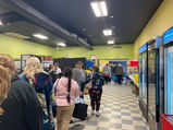 People lined up in the Greenwich Food Pantry