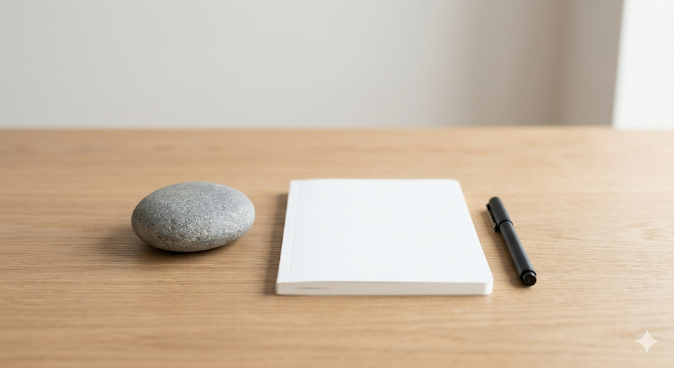 Smooth grey stone, white notebook, black pen on wooden desk