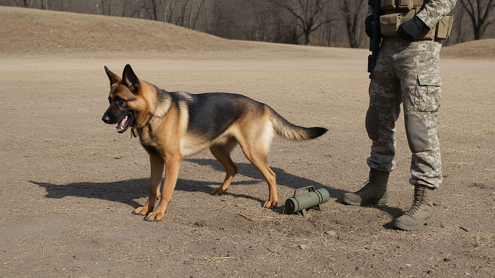 Advanced detection training teaches the dog to reliably locate hidden explosives while maintaining focus under pressure.