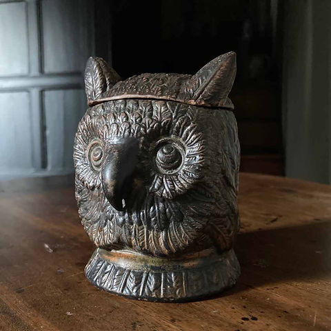 SOLD - Antique terracotta owl tobacco jar