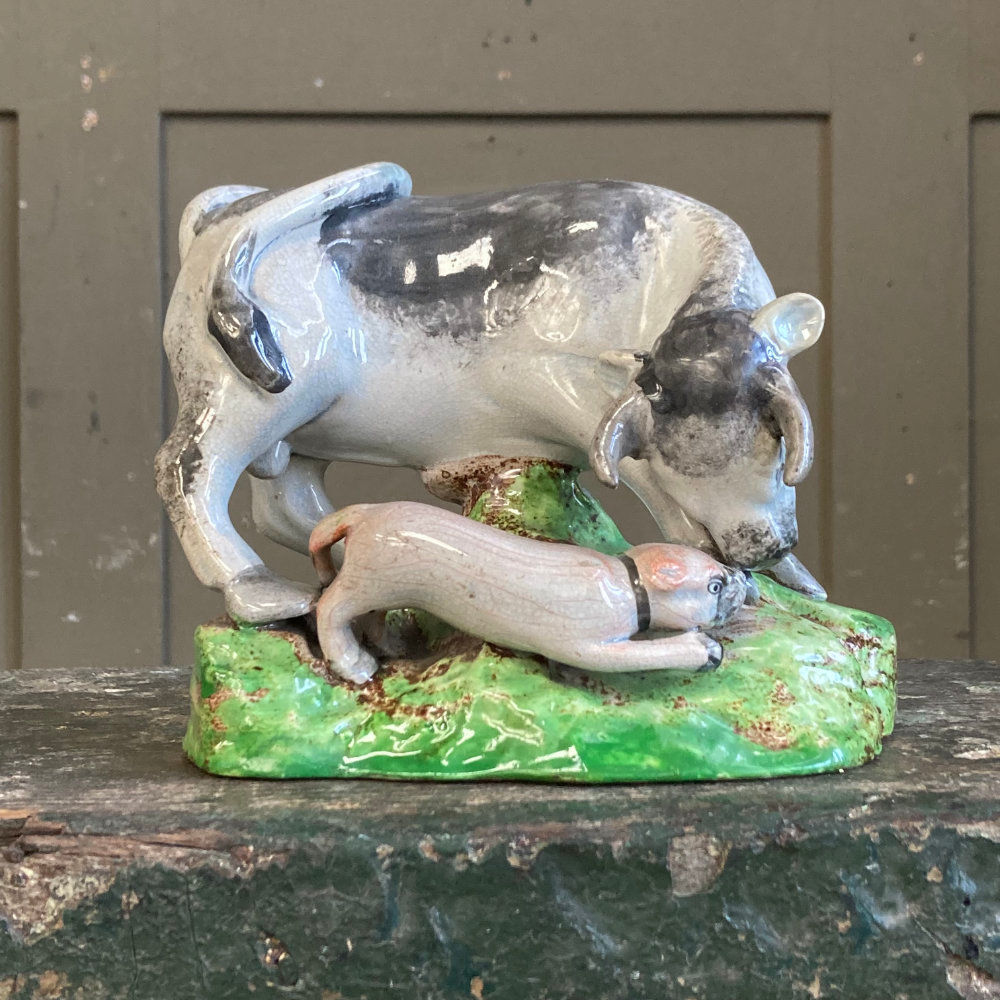 Bull baiting Staffordshire pottery group