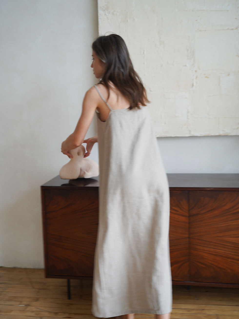 Thumbnail: Basic summer linen dress with thin spaghetti straps and easy, relaxed fit