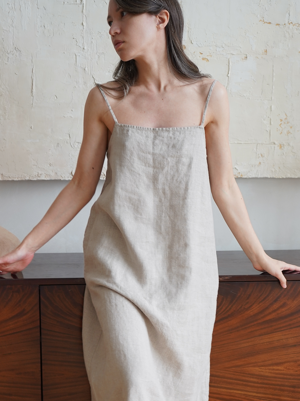 Thumbnail: Effortless summer midi linen dress with thin straps and relaxed fit, made to order