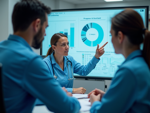 Healthcare leader presenting performance data and dashboard analytics to clinical team, illustrating the case for healthcare consulting accountability and measurable outcomes