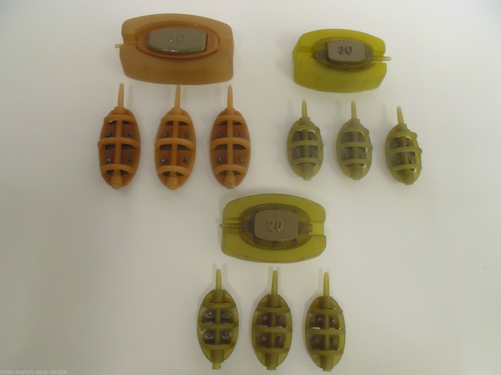 12 x Inline Flat Method Feeders & 3 x Moulds. 40g, 30g & 20g. 4 of each feeder
