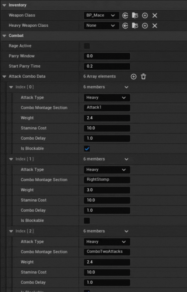 Combat component settings