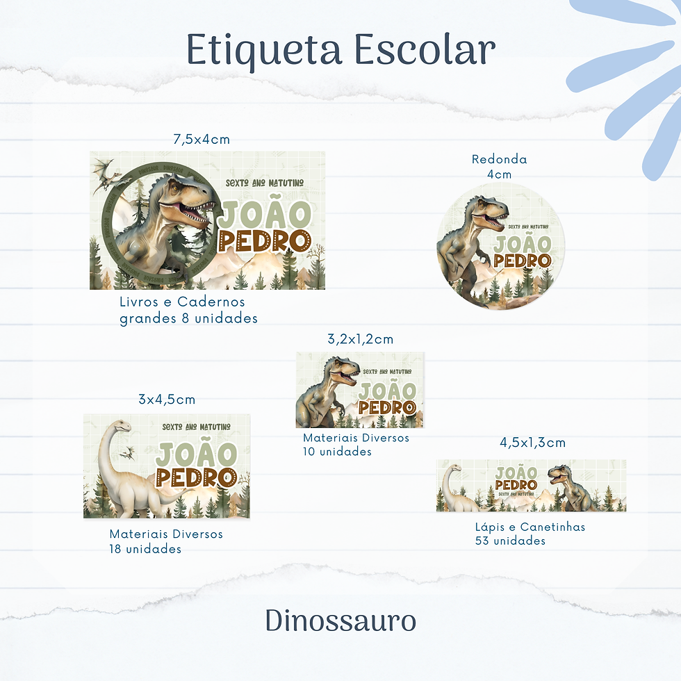 Etiqueta escolar personalizada com tema de dinossauro para meninos