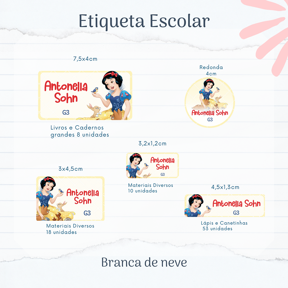 Kit de etiquetas escolares com tema branca de neve, perfeito para organização e identificação na volta às aulas