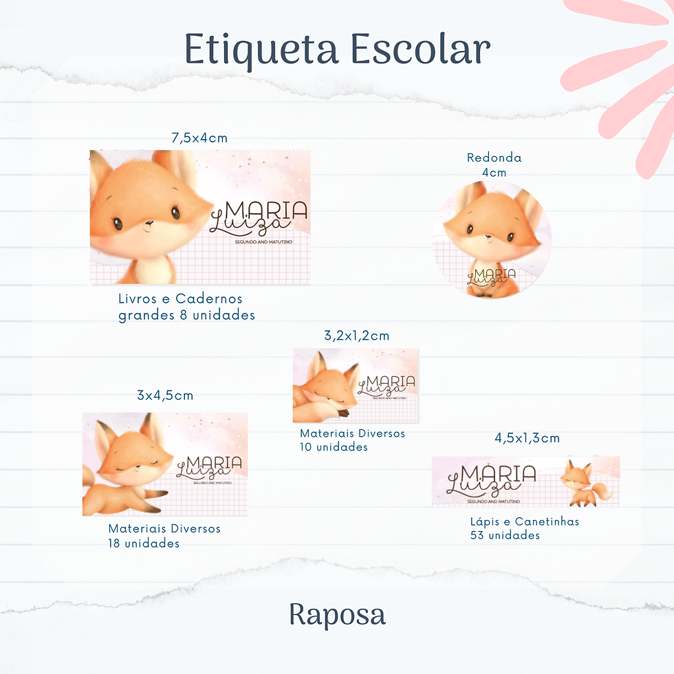 Etiqueta escolar personalizada para menina com ilustração fofa, ideal para identificar cadernos, livros e materiais escolares