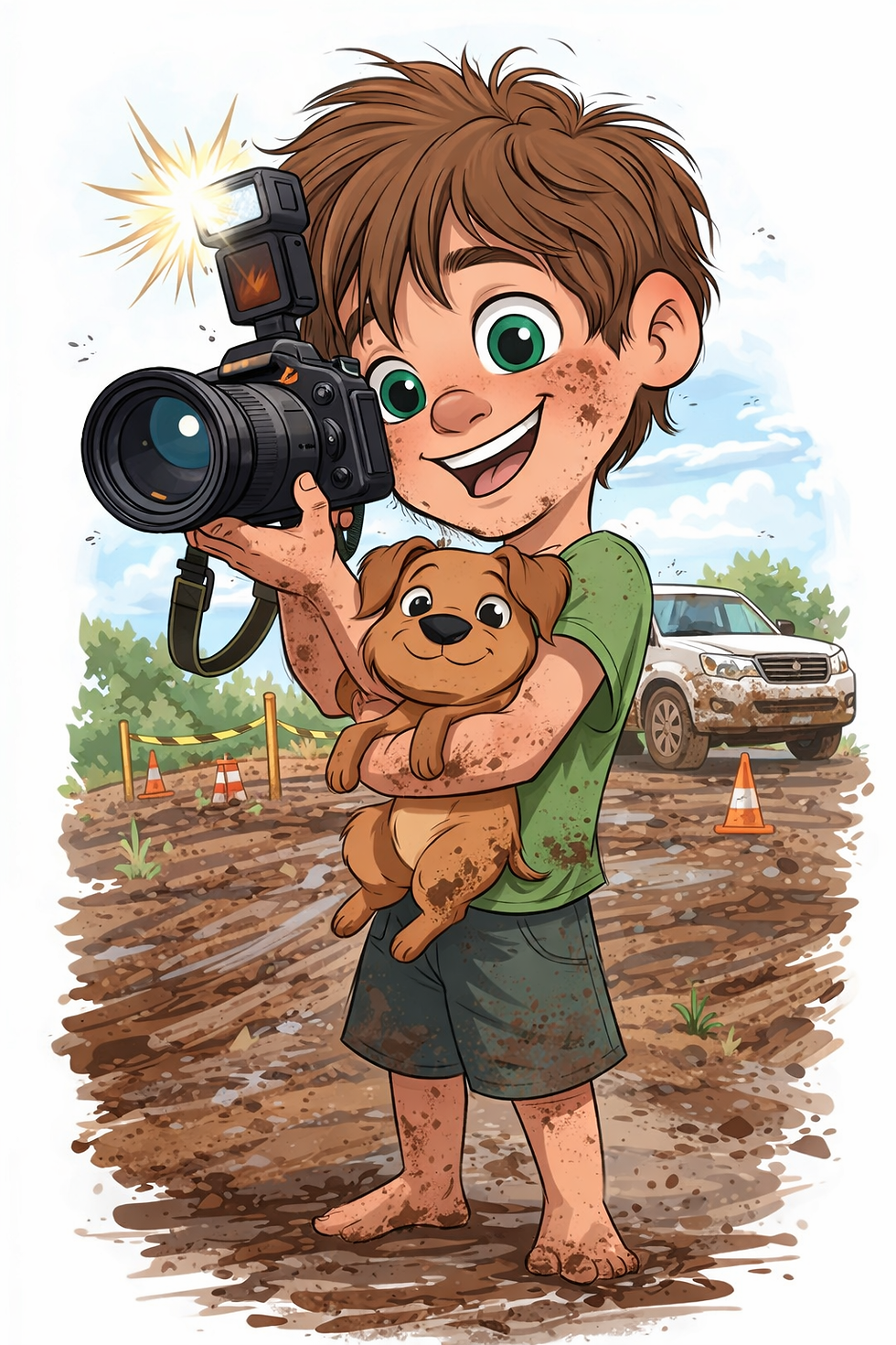 cartoon of boy holding a puppy and a camera